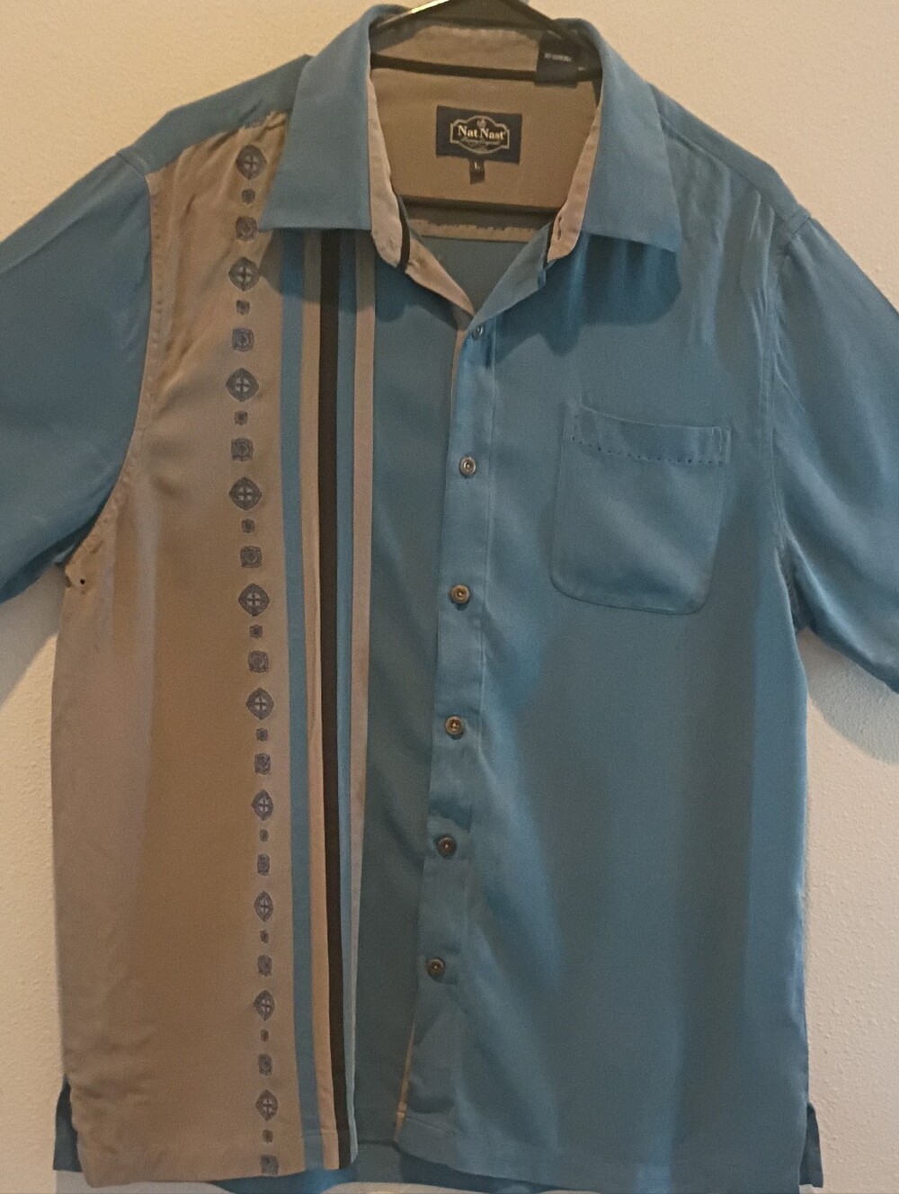 Nat Nast-Retro 40s Look Silk Camp Shirt with Stripe & Embroidered Details-Sz Lg